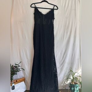 Black Sheer Lace Dress Floral Overlay Strappy Lingerie Style Party Dress